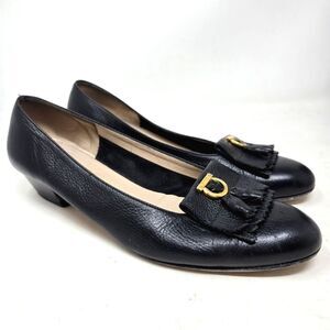 SALVATORE FERRAGAMO Black Leather Women's Kitten Heel Loafers Size 8B